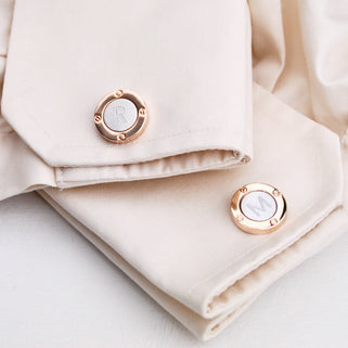 Rose Gold and Silver Coloured Porthole Cufflinks with initial "R" engraved on left cufflink and "M" on right cufflink.