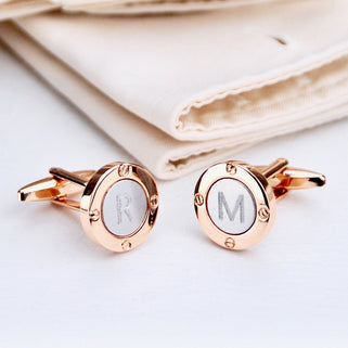 Rose Gold and Silver Coloured Porthole Cufflinks with initial "R" engraved on left cufflink and "M" on right cufflink.