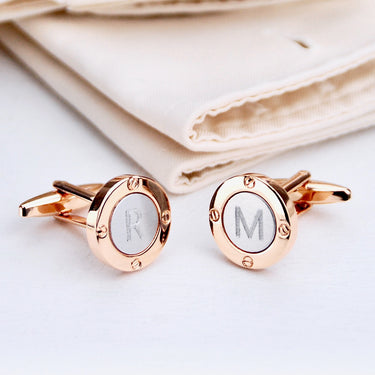 Rose Gold and Silver Coloured Porthole Cufflinks with initial 