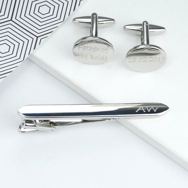 Personalised Oval Cufflinks and Tie Clip Set