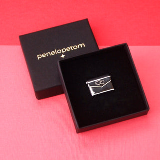 Love Letter Secret Message Pin in black Penelopetom packaging