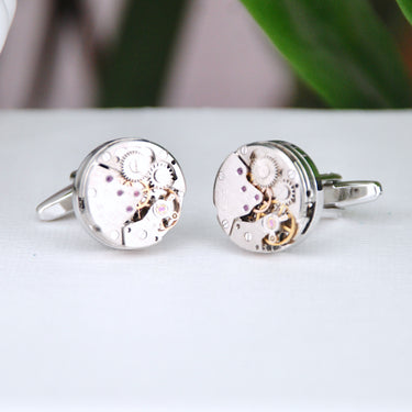 Watch movement cufflinks shown in close up shot