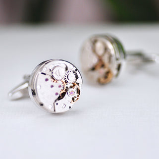 Watch movement cufflinks shown in close up shot