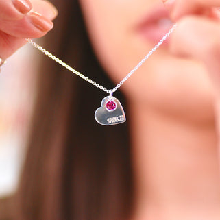 Personalised Heart and Birthstone Necklace with "17.08.23" Engraved on Silver Heart and October/Tourmaline Birthstone shown close up on model