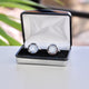Silver porthole cufflinks shown in silver rectangle chrome cufflinks box