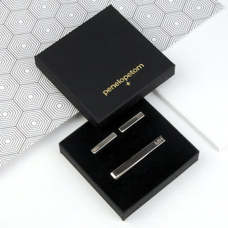 Personalised Silver Coloured Tie Slide and Bar Cufflinks Set