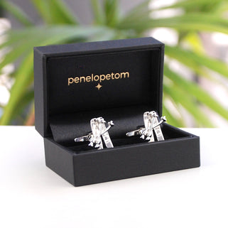 silver ski cufflinks in black Penelopetom cufflinks box