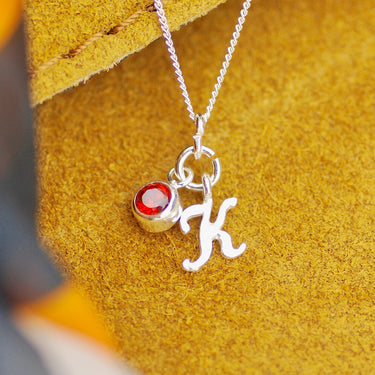 Sterling Silver Script Mini Initial Letter Necklace with Birthstone