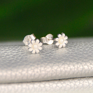 Tiny Sterling Silver and Pearl Daisy Studs