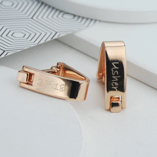 Contemporary Wrap Cufflinks with personalised "Usher" and "27.18" engraved shown in close up