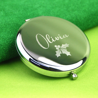 Personalised Christmas Holly Compact Mirror