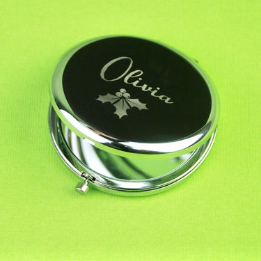 Personalised Christmas Holly Compact Mirror
