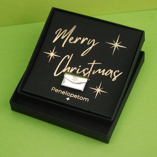 Christmas Card Message Pin with snowflake engraved on the front shown on Merry Christmas Penelopetom Card