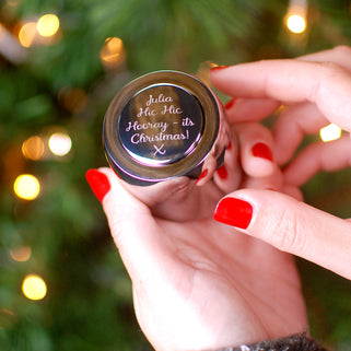 Prosecco Champagne Bottle Stopper with personalised message "Julia Hic Hic Hooray - its Christmas! x" engraved on the front.
